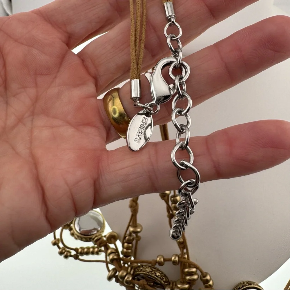 Chico's Tan and Gold Beaded Necklace on a Tan Leather Strap long EUC - Picture 7 of 10